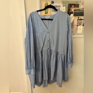Blue and White Striped Cotton Button-Up Dress